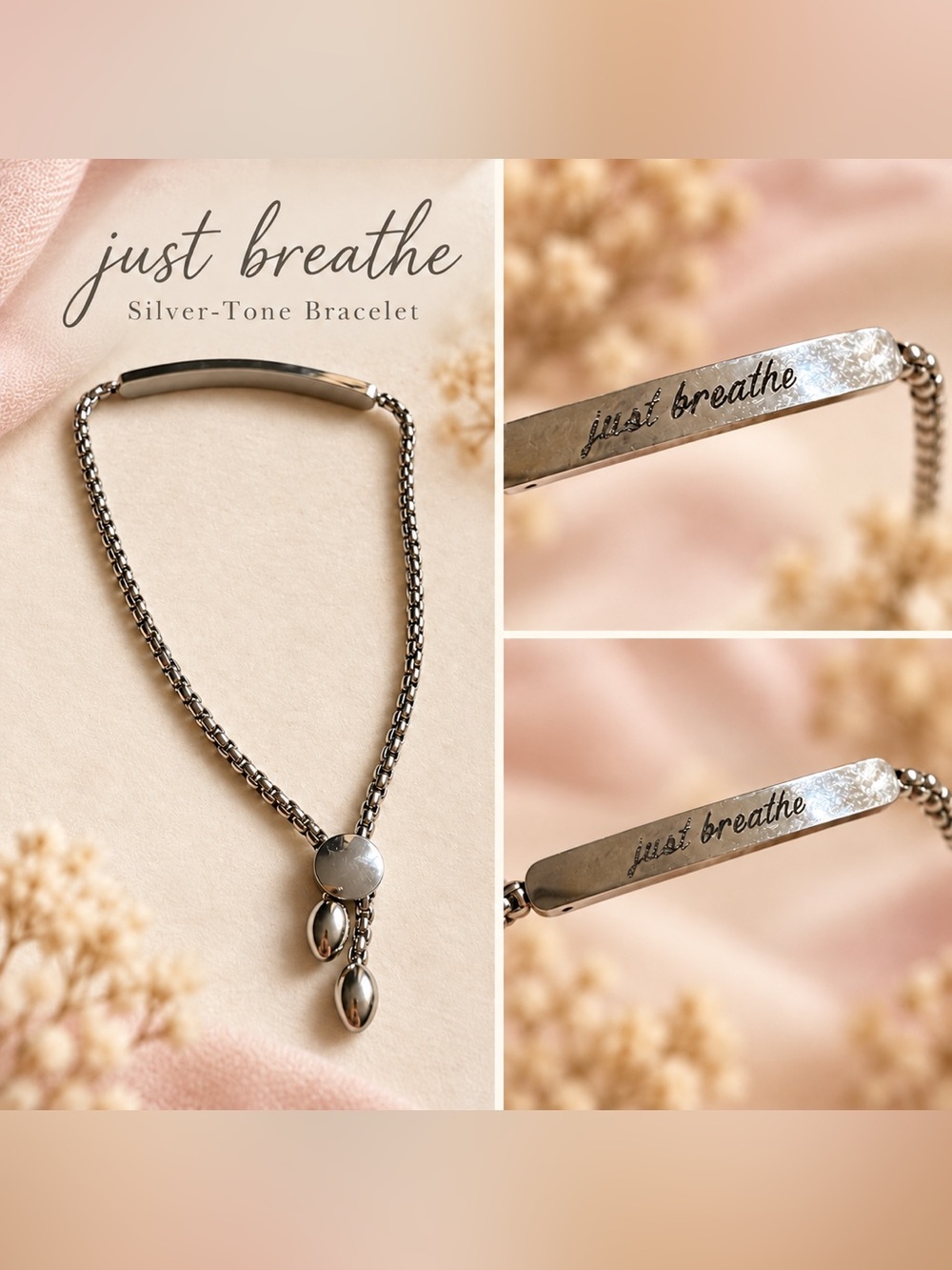 “Just Breathe” Silver-Tone Adjustable Bracelet